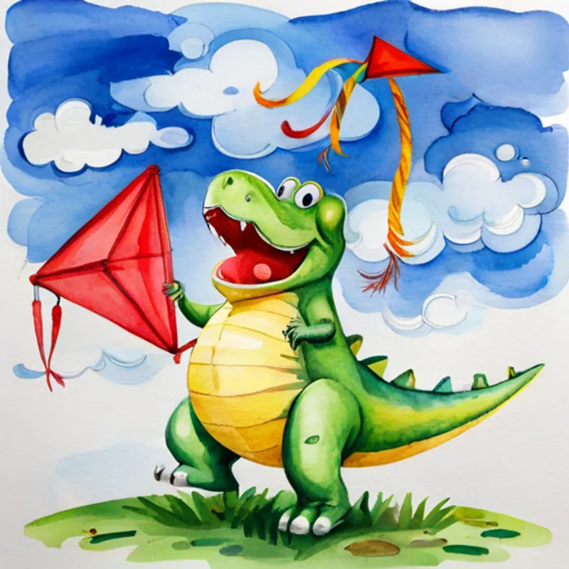 Dino holding a kite with a big smile