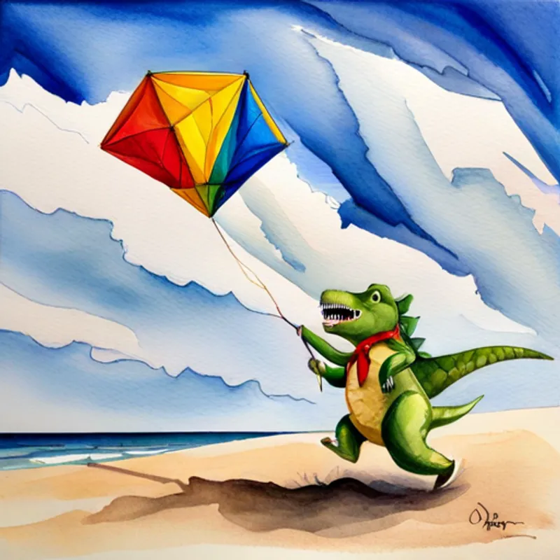 Dino running with the kite dragging behind