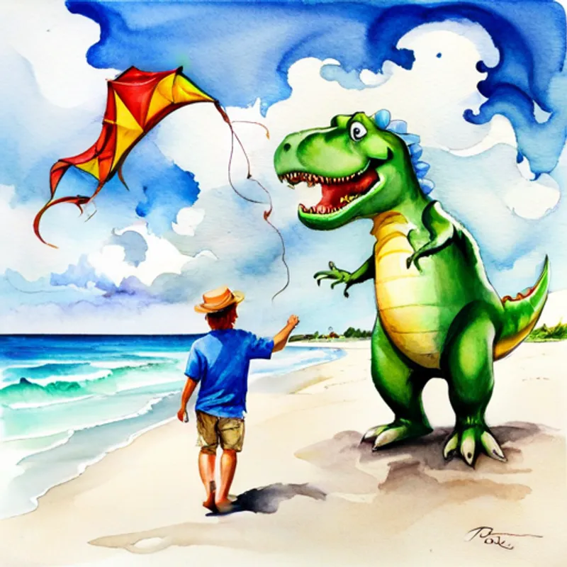 Dino and Tommy T-Rex talking with kites in hand