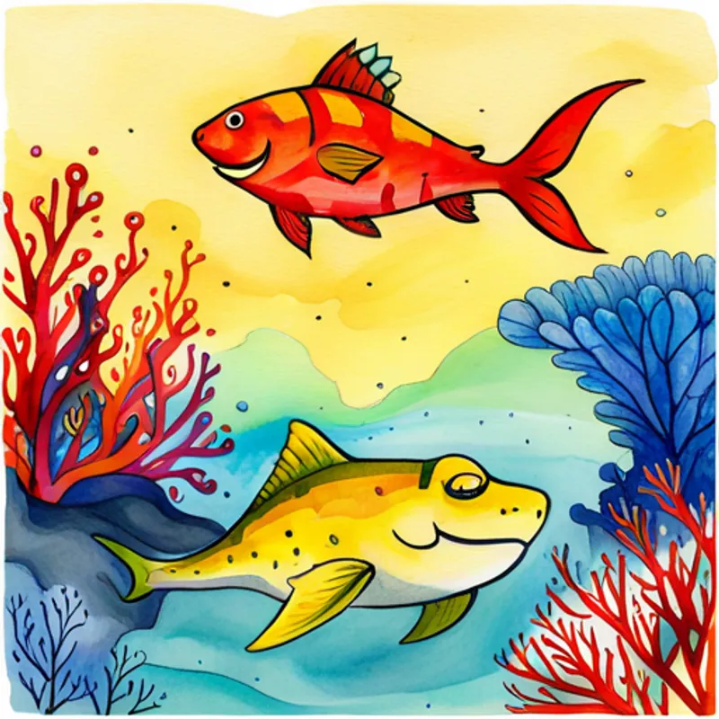 Stella and Dino swimming among colorful coral reefs