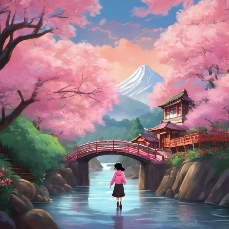 Cindy, feeling relieved, having successfully crossed the candy cane bridge. She looks down at the chocolate river below, proud of being truthful. On the other side, cotton candy floss trees with stories carved into their trunks.