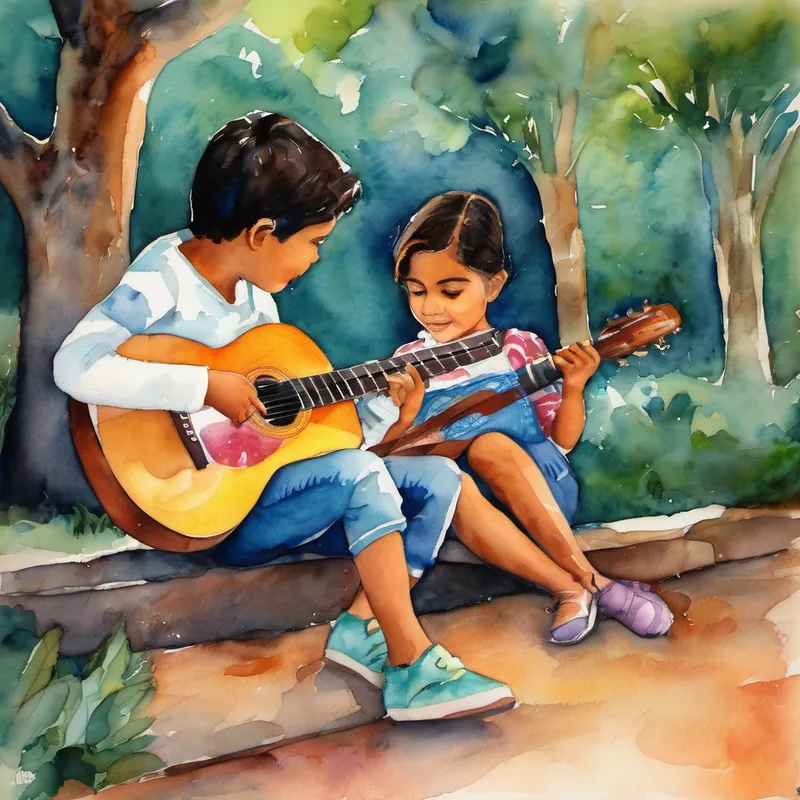 Una noche, mientras Juanito observaba a los niños jugar en su imaginación, notó algo diferente en el parque. ¡Un nuevo niño había llegado! Era una niña llamada María y llevaba una guitarra en sus manos. Todos los niños se reunieron a su alrededor, curiosos por escucharla tocar. María comenzó a tocar una hermosa melodía en su guitarra, y Juanito podía escucharla en su mente. Los acordes eran tan dulces que parecían llenar el parque de juegos con alegría. Los demás niños comenzaron a bailar y Juanito se unió desde su ventana.
