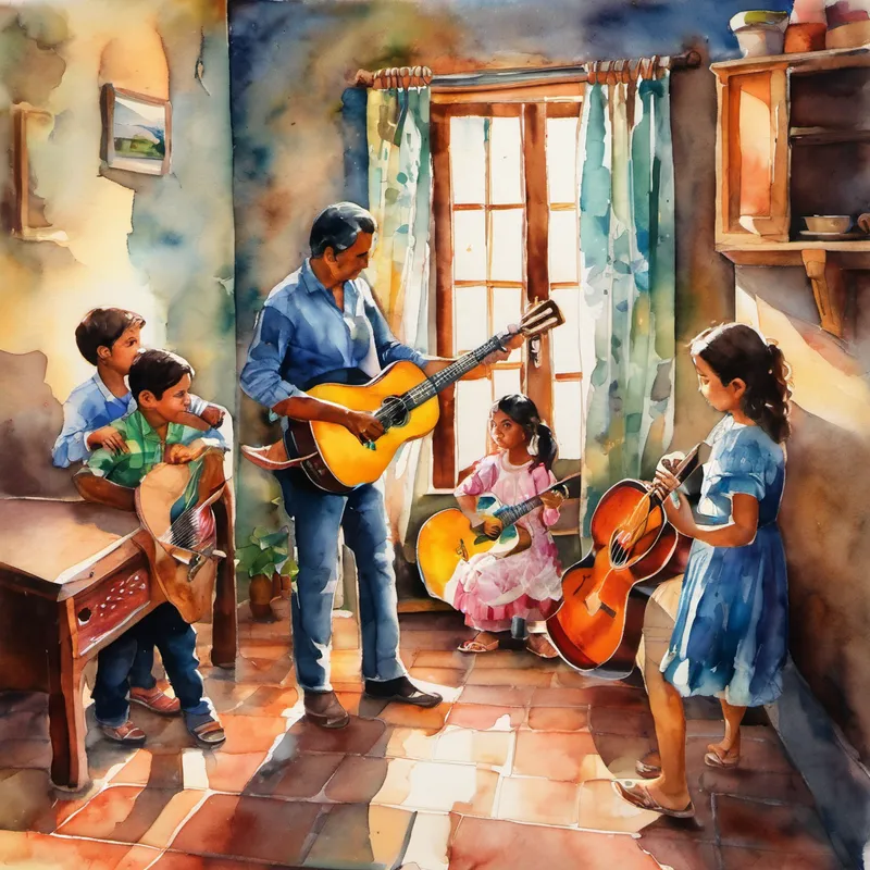 Aunque Juanito estaba en casa, no dejó que eso lo detuviera. Con cada nota de la guitarra, él imaginaba que estaba bailando y girando junto a María y los otros niños. Se sintió tan feliz y lleno de energía, olvidando por un momento su pierna lastimada. María y los demás niños se dieron cuenta de Juanito observando desde arriba y comenzaron a hacer señas con sus manos, invitándolo a unirse a ellos en su mundo imaginario. Juanito sintió su corazón llenarse de alegría y, con la ayuda de su imaginación, comenzó a saltar y bailar en su cuarto.