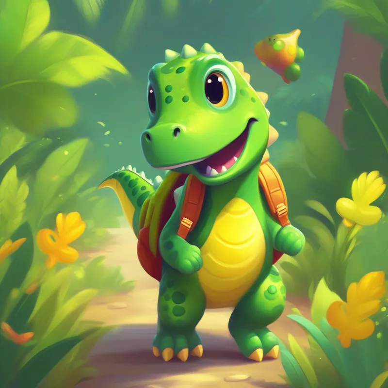 A small dinosaur, green with yellow spots, wearing a backpack packing and waving to friends, green and colorful