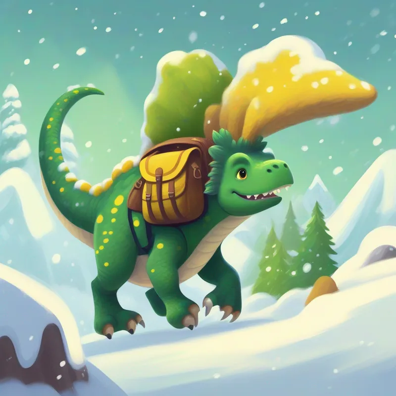 A small dinosaur, green with yellow spots, wearing a backpack and the woolly mammoth sliding down snowy hill, white and brown
