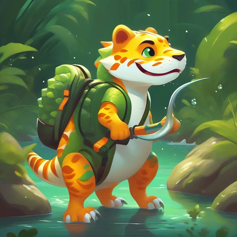 A small dinosaur, green with yellow spots, wearing a backpack and the saber-toothed tiger sharing fish by a river, orange and white