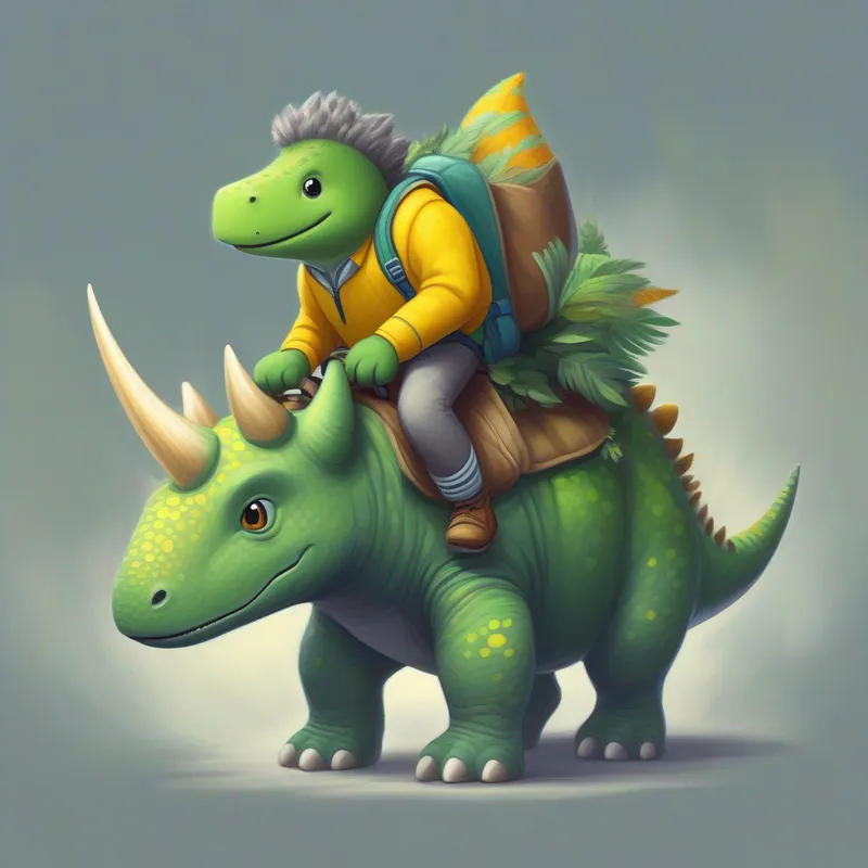 A small dinosaur, green with yellow spots, wearing a backpack riding on the woolly rhinoceros' back, gray and pointy