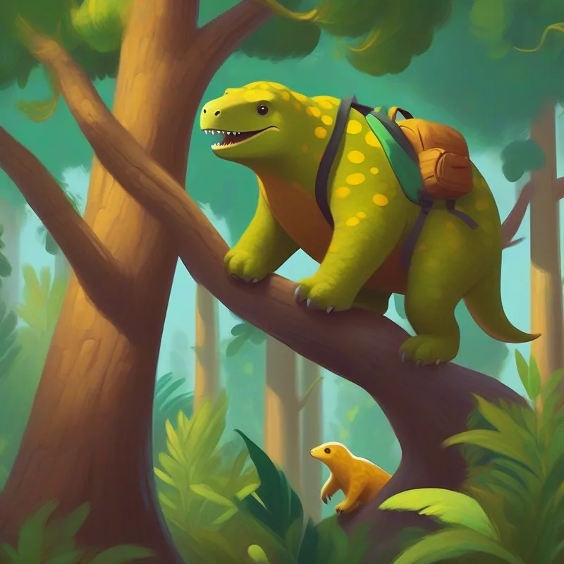A small dinosaur, green with yellow spots, wearing a backpack and the ground sloth climbing a tree, brown and slow