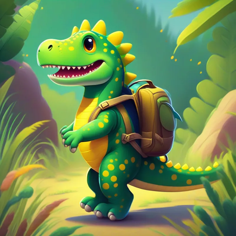 A small dinosaur, green with yellow spots, wearing a backpack waving goodbye to his new friends, happy and colorful