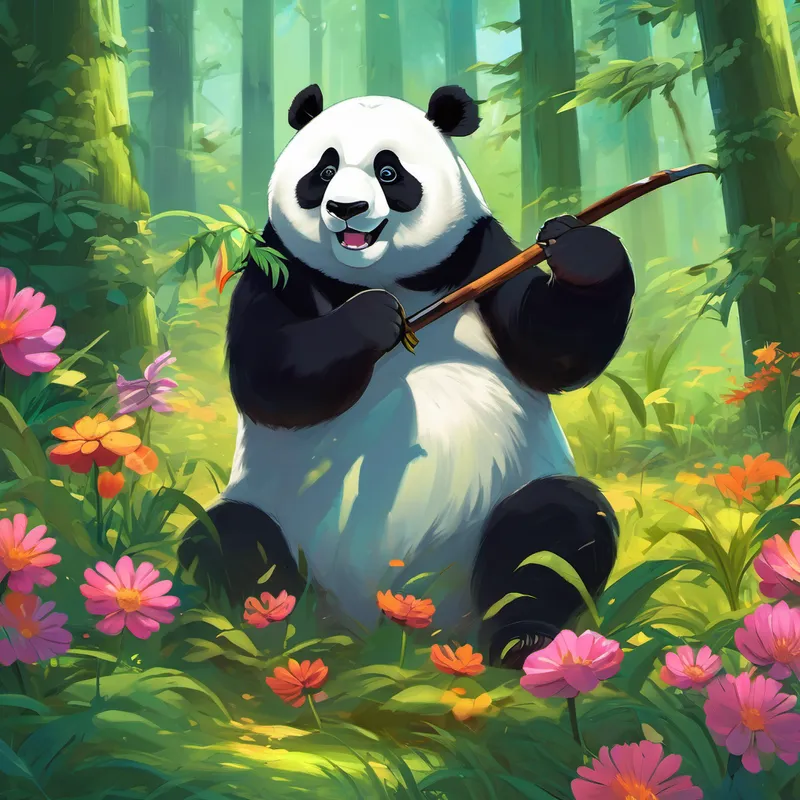 Feeling guilty for his laziness, Gutara Panda finally agreed to join them. With renewed determination, he followed his animal friends back to the meadow. Gutara Panda positioned himself near the forcefield and summoned all his strength. With one powerful swipe, he broke through the barrier, and the animals rushed in to collect the magical flower. As they brought the flower back to their forest, its vibrant colors began to glow with an immense brightness. The forest was once again filled with light, restoring its beauty for all to see. The animals rejoiced, grateful for Gutara Panda's newfound bravery and dedication.