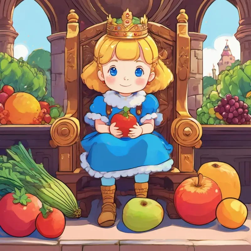 The Rosy cheeks, bright blue eyes, small crown on her head is sitting on a big, fluffy chair in her castle. There are colorful fruits and vegetables all around her.
