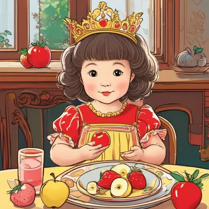 The baby princess is sitting at a table, holding a red apple in her tiny hands. There are slices of banana and strawberries on her plate.