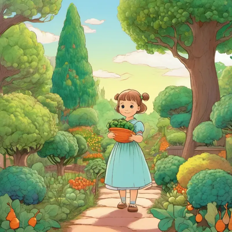 The baby princess is standing in a beautiful garden, holding a carrot in one hand and a pea pod in the other. There is a big broccoli tree behind her.