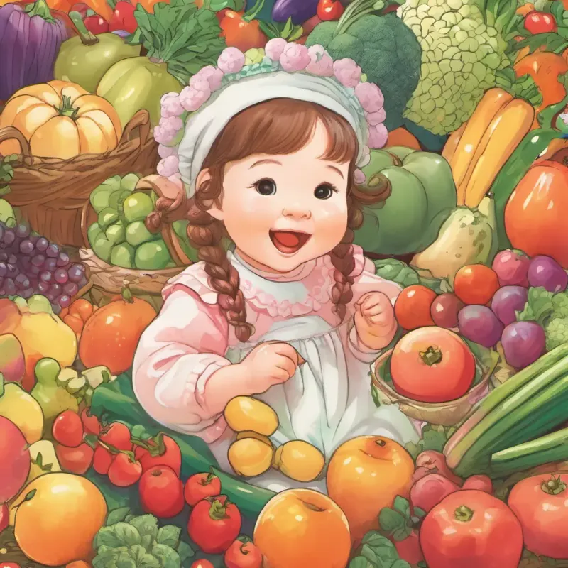 The baby princess is surrounded by her friends, who are all happily eating fruits and vegetables. They are smiling and have rosy cheeks, just like her.