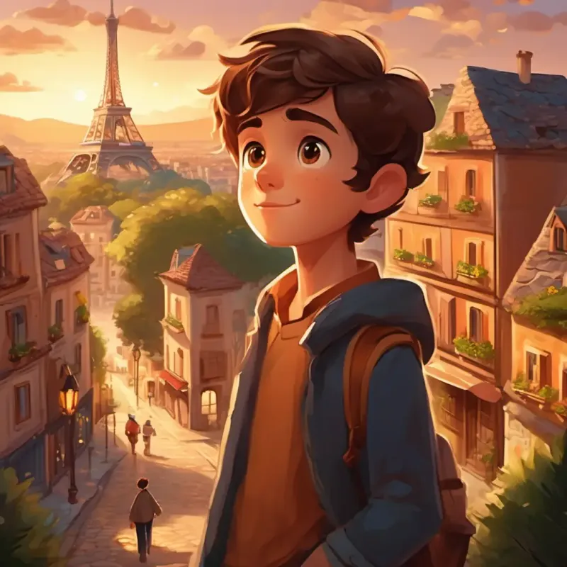 Curious boy with brown hair, sparkling brown eyes, and a freckled face's house in a cozy town, with drawings of pyramids and the Eiffel Tower on the walls.