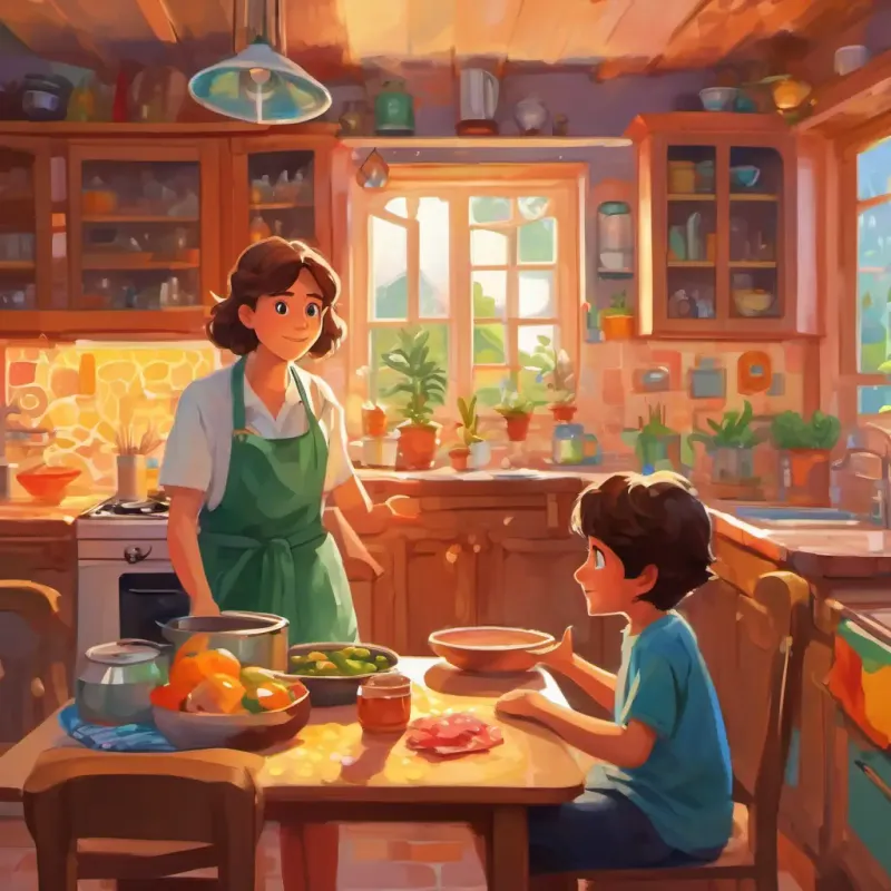 Curious boy with brown hair, sparkling brown eyes, and a freckled face's mum in their colorful kitchen, looking puzzled and gesturing for help.