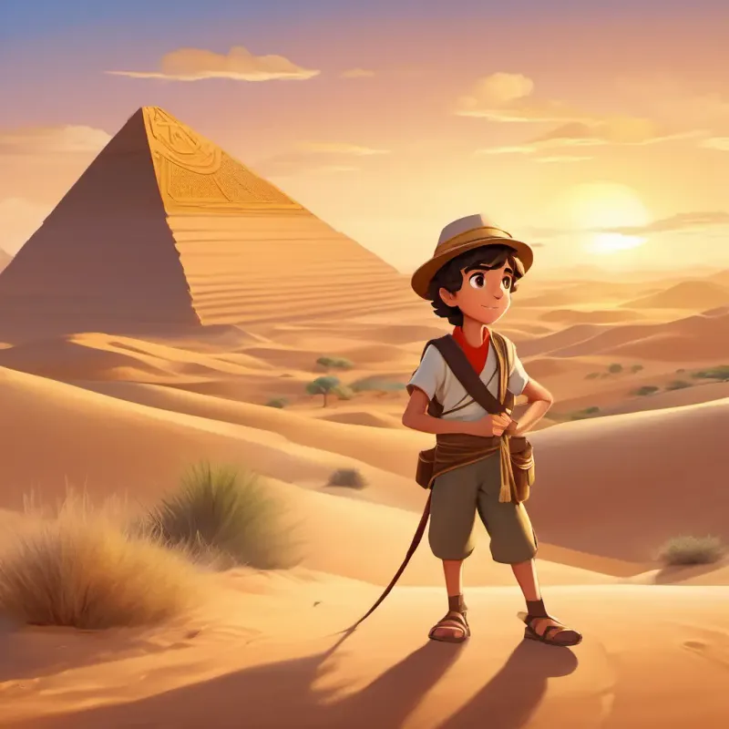 Curious boy with brown hair, sparkling brown eyes, and a freckled face in an action-packed Egyptian desert, holding a rolled-up scroll and wearing a explorer hat.