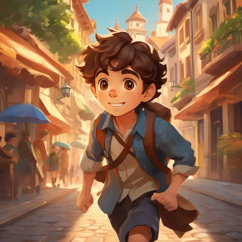 Curious boy with brown hair, sparkling brown eyes, and a freckled face running down the town's streets, holding the scrolls tightly, with a determined look on his face.