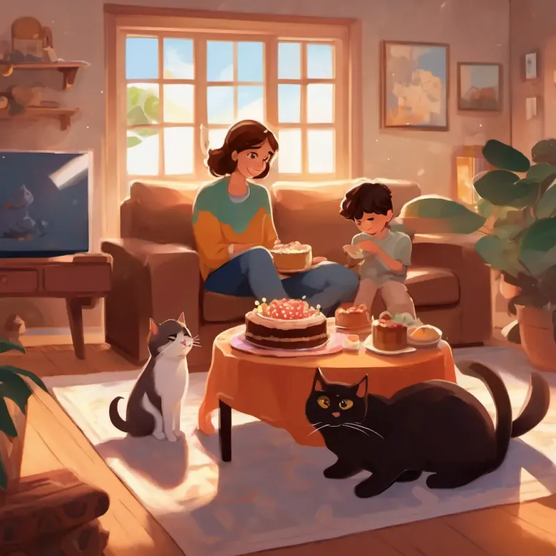 Curious boy with brown hair, sparkling brown eyes, and a freckled face and his mum in their cozy living room, hugged and smiling, with a chocolate cake and a pet cat joining in the celebration.