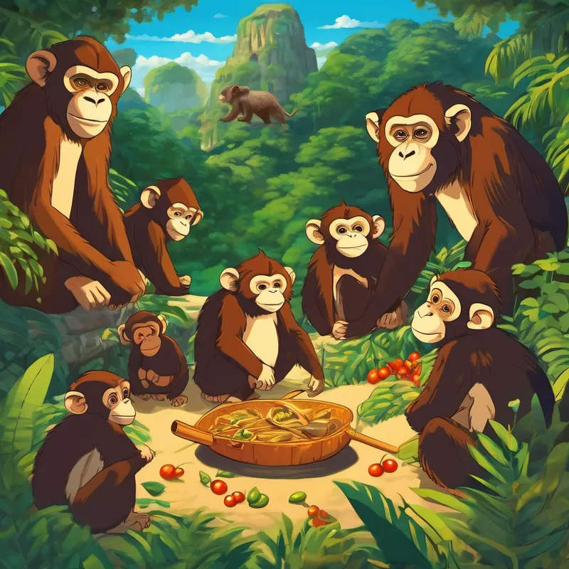 "Un jour, la nourriture devint rare et la tribu se retrouva affamée. Les singes réalisèrent alors que s'ils n'avaient pas travaillé et préparé de la nourriture à l'avance, ils étaient confrontés à une dure réalité. Ils devaient chercher de la nourriture ailleurs." "Finalement, ils découvrirent une autre tribu de singes qui étaient très organisés et travaillaient dur pour survivre. Les deux tribus décidèrent de s'entraider et les singes de la Tribu Joyeuse apprirent rapidement l'importance du travail."