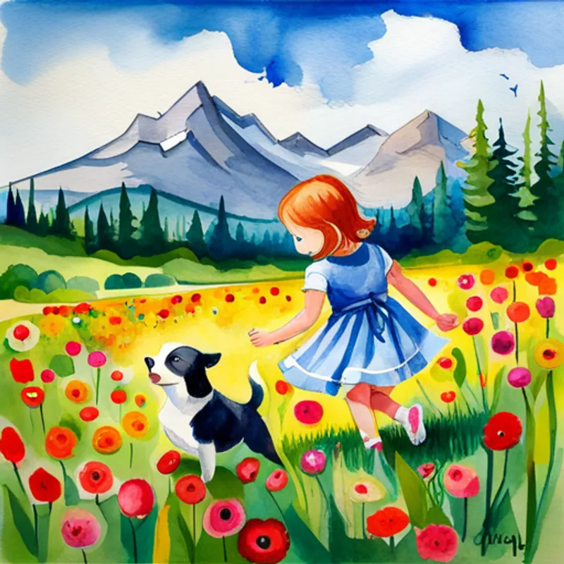 Ellis and Luna playing together in a meadow filled with flowers