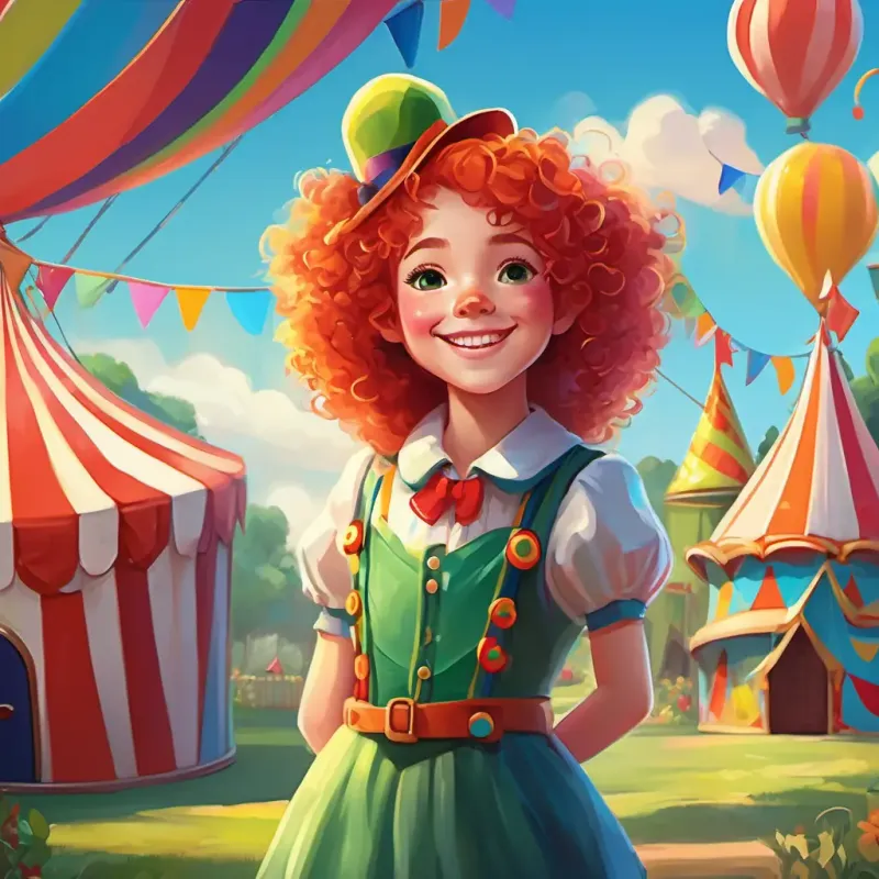 A playful girl with curly red hair, sparkling green eyes, and a big smile, wearing a colorful clown costume's house with a big, colorful circus tent in the yard and a bright blue sky.
