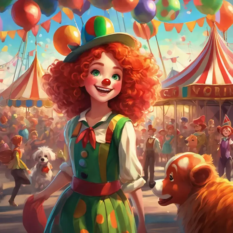 A playful girl with curly red hair, sparkling green eyes, and a big smile, wearing a colorful clown costume walking through the busy circus grounds, seeing all the animals and acrobats practicing their tricks.