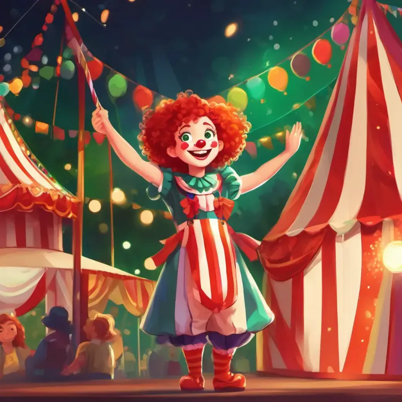 A playful girl with curly red hair, sparkling green eyes, and a big smile, wearing a colorful clown costume looking surprised, with a big smile on the circus director's face and a big red and white striped tent in the background.