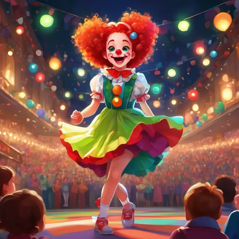 A playful girl with curly red hair, sparkling green eyes, and a big smile, wearing a colorful clown costume in her colorful clown outfit, with a big red nose and oversized shoes, practicing her funny moves in front of a laughing audience.
