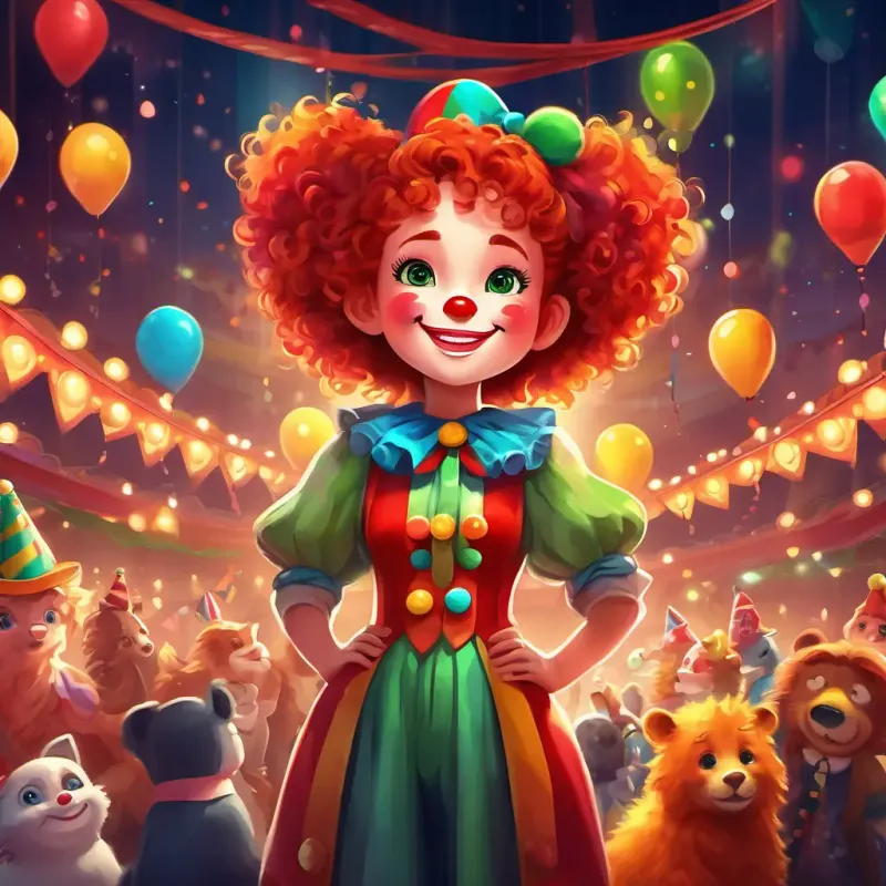 A playful girl with curly red hair, sparkling green eyes, and a big smile, wearing a colorful clown costume standing in the center ring, with all the circus animals and performers cheering her on, under the glowing circus lights.