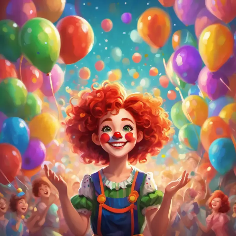 A playful girl with curly red hair, sparkling green eyes, and a big smile, wearing a colorful clown costume surrounded by smiling faces and clapping hands, feeling proud of her clowning success.