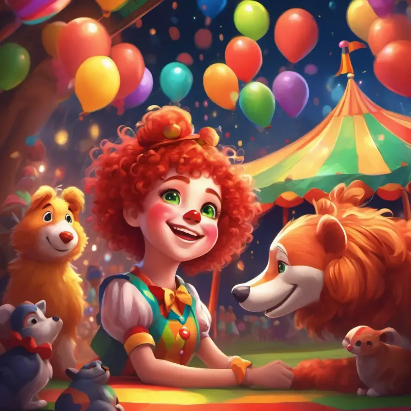 A playful girl with curly red hair, sparkling green eyes, and a big smile, wearing a colorful clown costume wearing her clown costume, making friends with the animals and acrobats, and making the whole circus grounds a happy place.