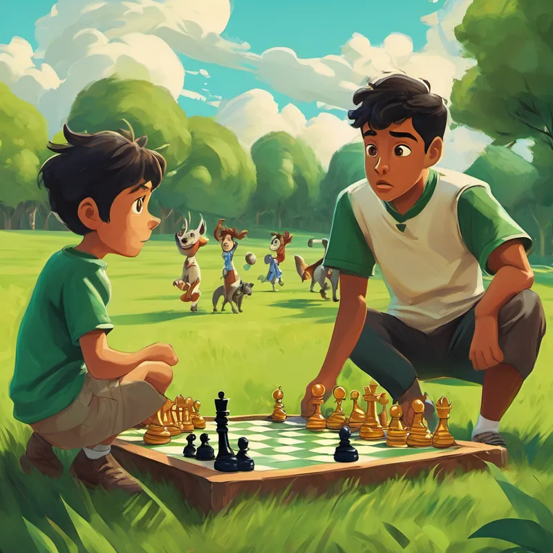 An illustration of Ali playing football in a green field with his friends, while his father attempts to make a move in chess and looks surprised.