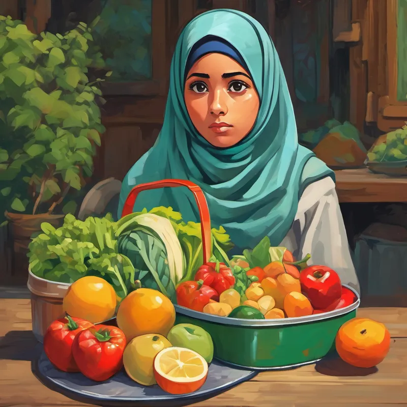An illustration of Ali's lunchbox with a sad face, while Wears a hijab looks concerned and holds a bowl of fruits and vegetables.