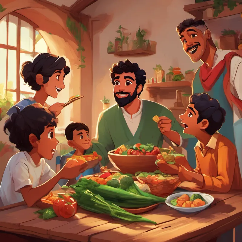 An illustration of Salah, Yahya, and Mohammad - diverse group of friends, playful and mischievous eating unhealthy snacks, while Ali's mother tries to feed him vegetables, and Ali looks reluctant.
