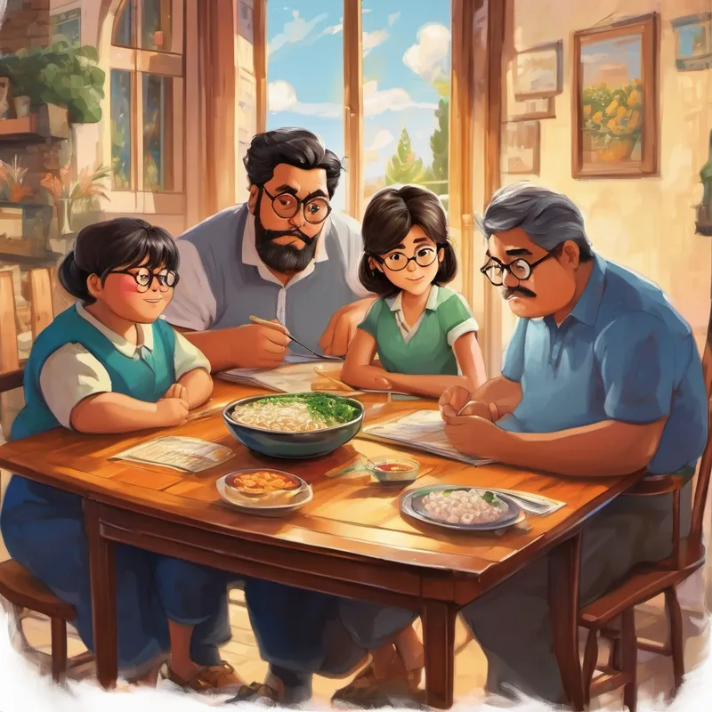 An illustration of Ali's family sitting around a table, Overweight, no beard, wears prescription eyeglasses showing his prescription glasses, and Ali looking surprised.