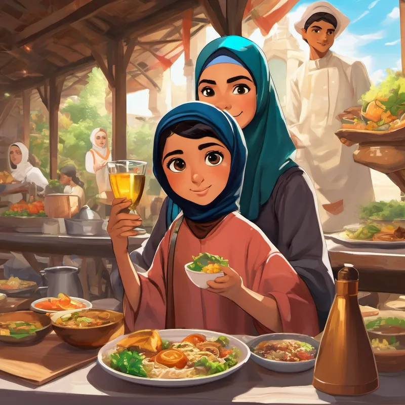 An illustration of Wears a hijab serving a delicious and healthy meal, while 13-year-old, black hair, brown eyes, energetic and athletic holds a trophy and Ali looks curious.