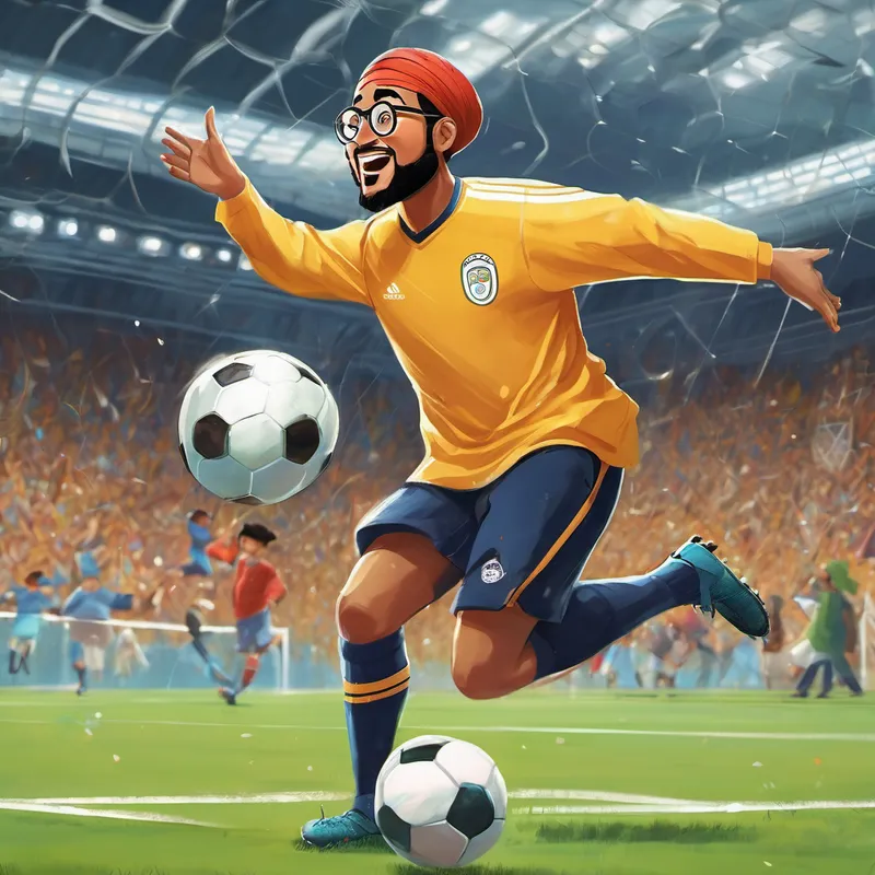 An illustration of Ali playing football and blocking a goal, while Overweight, no beard, wears prescription eyeglasses looks proud and Wears a hijab is clapping with joy.