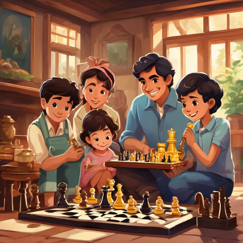 An illustration of Ali's family smiling and preparing for a trip, while Ali holds a trophy and a chess set.