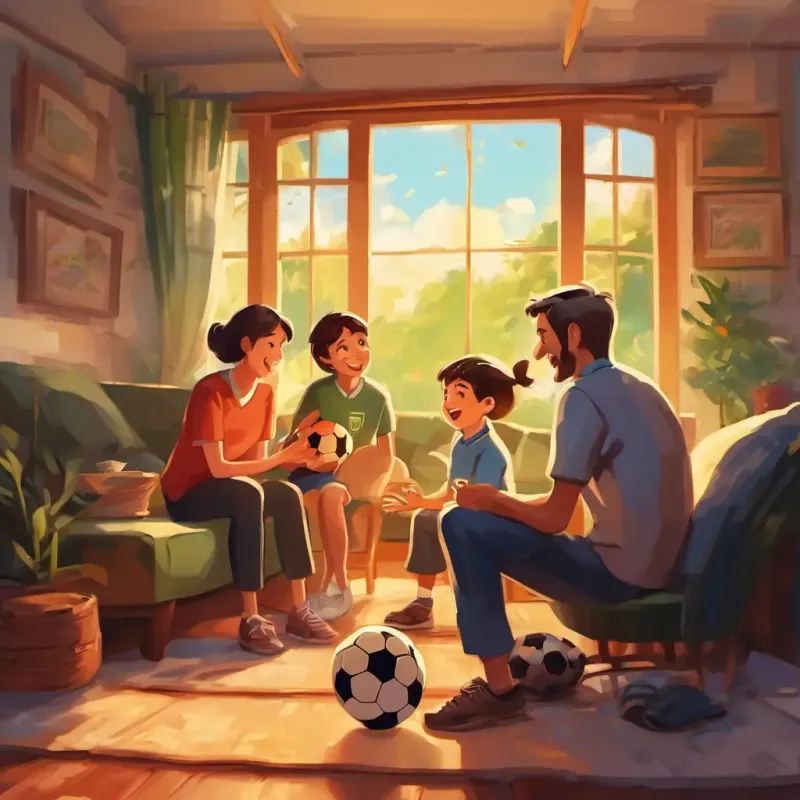 Happy family recalling the highlights of the soccer game