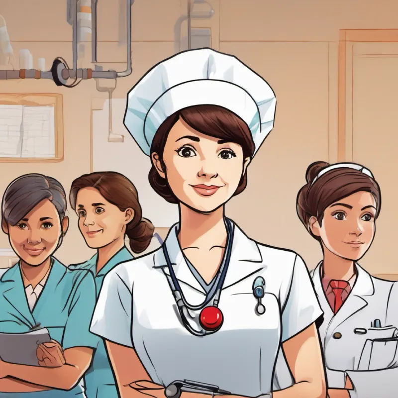 Focused, experienced nurse with compassionate eyes, short brown hair and team work together, communicating effectively.