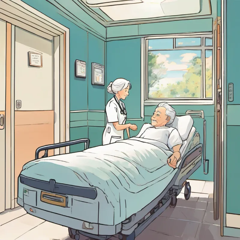 Nurse enters a silent patient room, finds Elderly patient, white hair, pale complexion, usually smiling unresponsive.