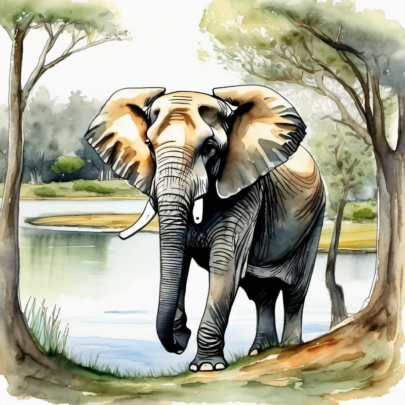 Elephant standing near a lake, with trees in the background