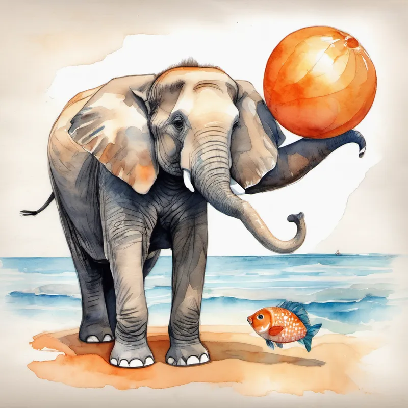 Elephant and Small fish with vibrant orange scales playing with a beach ball