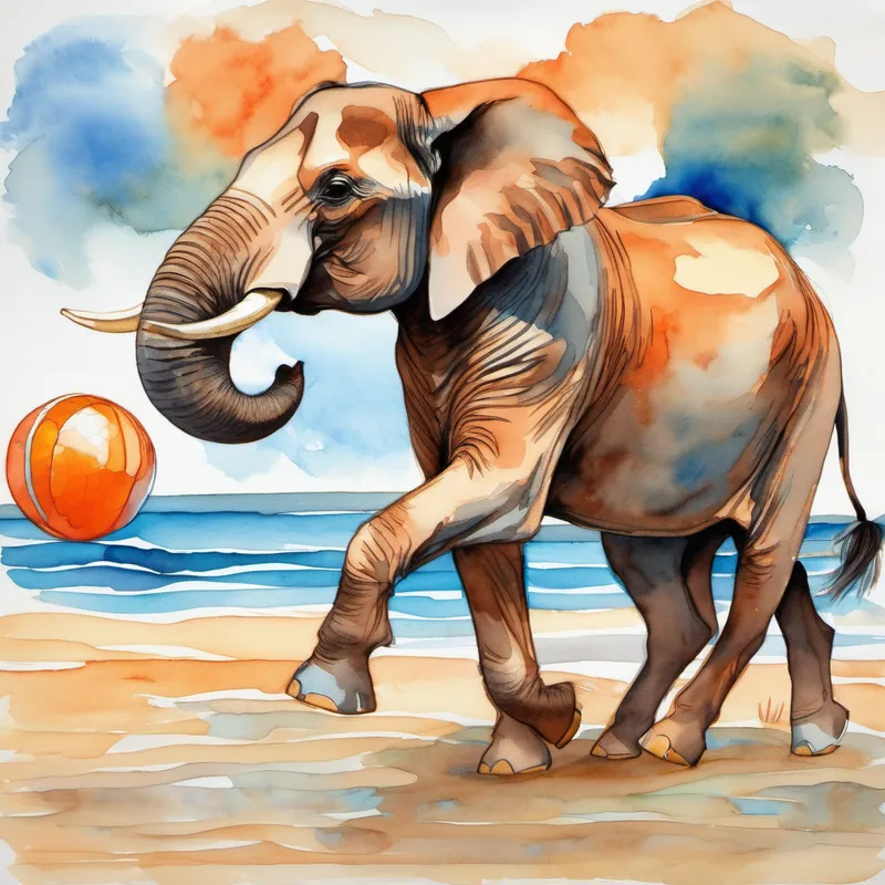 Elephant, Small fish with vibrant orange scales, and Brown horse with a flowing mane playing with the beach ball