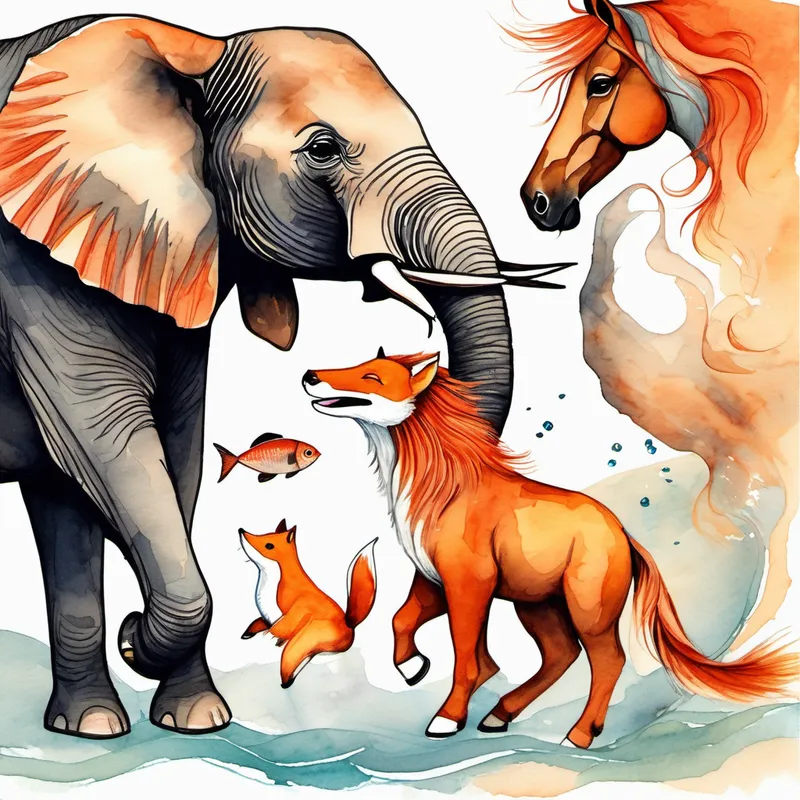 Elephant, Small fish with vibrant orange scales, Brown horse with a flowing mane, and Reddish-orange fox with fluffy tail playing together