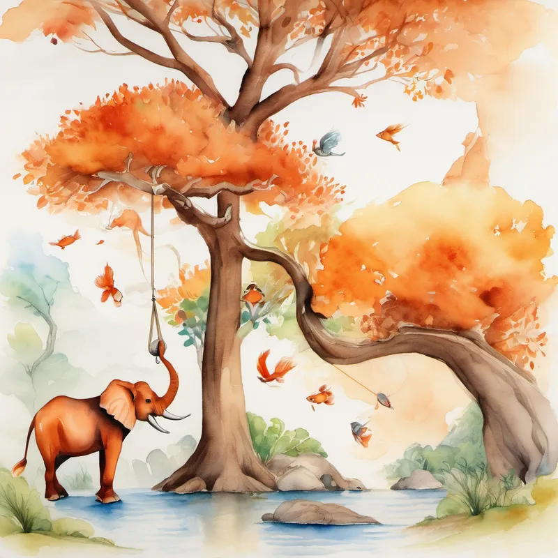 Elephant, Small fish with vibrant orange scales, Brown horse with a flowing mane, Reddish-orange fox with fluffy tail, and Brown monkey swinging from tree to tree playing happily