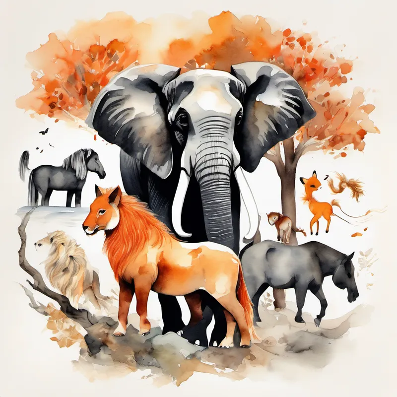 Elephant, Small fish with vibrant orange scales, Brown horse with a flowing mane, Reddish-orange fox with fluffy tail, Brown monkey swinging from tree to tree, Black and white cow with gentle eyes, and Golden lion with a majestic mane all playing together