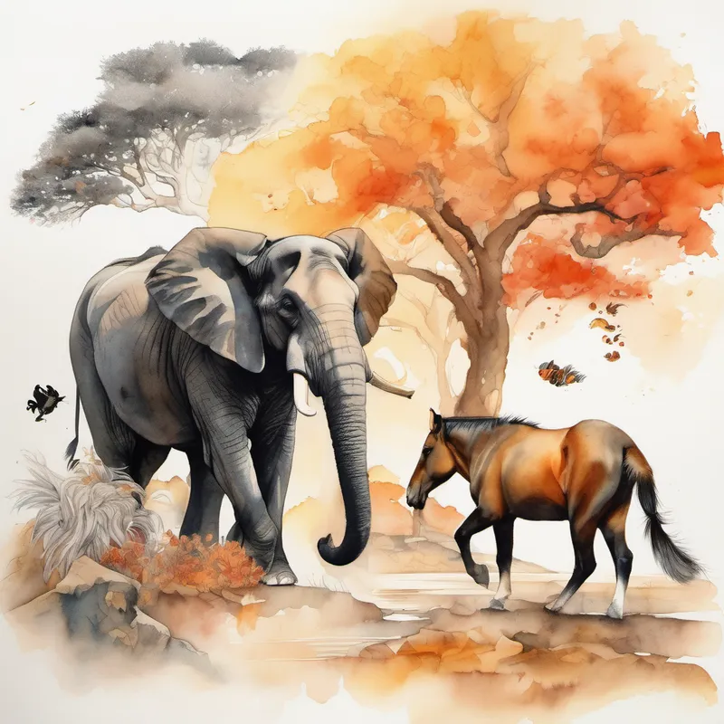 Elephant, Small fish with vibrant orange scales, Brown horse with a flowing mane, Reddish-orange fox with fluffy tail, Brown monkey swinging from tree to tree, Black and white cow with gentle eyes, and Golden lion with a majestic mane walking away