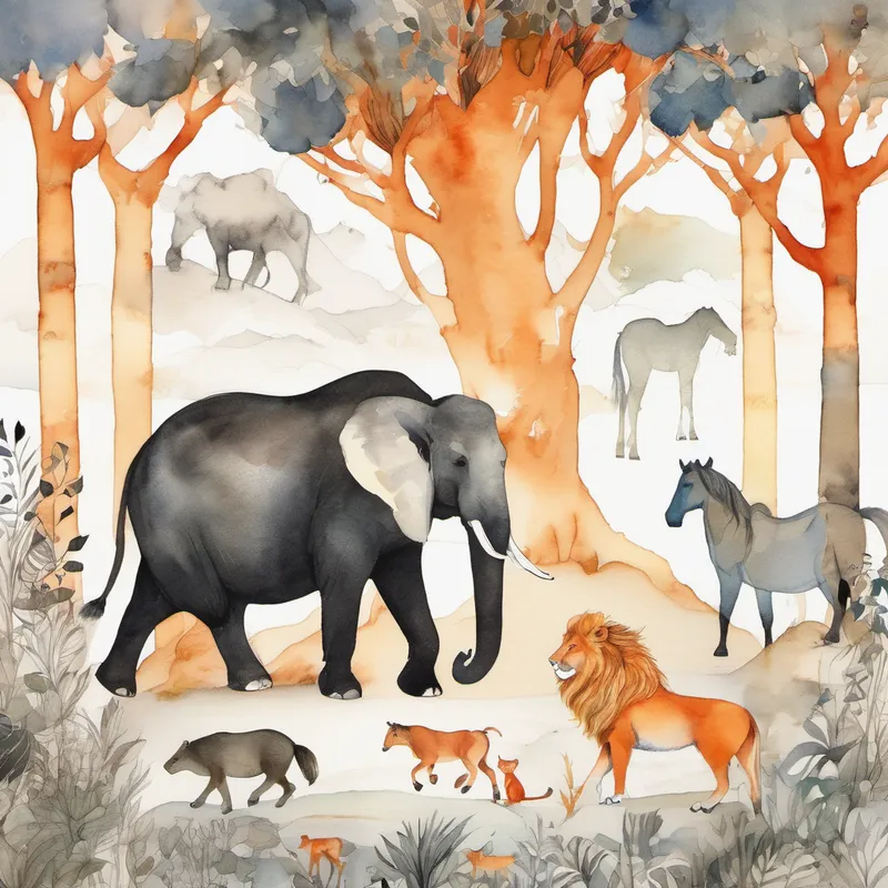 Elephant, Small fish with vibrant orange scales, Brown horse with a flowing mane, Reddish-orange fox with fluffy tail, Brown monkey swinging from tree to tree, Black and white cow with gentle eyes, and Golden lion with a majestic mane sleeping with their families